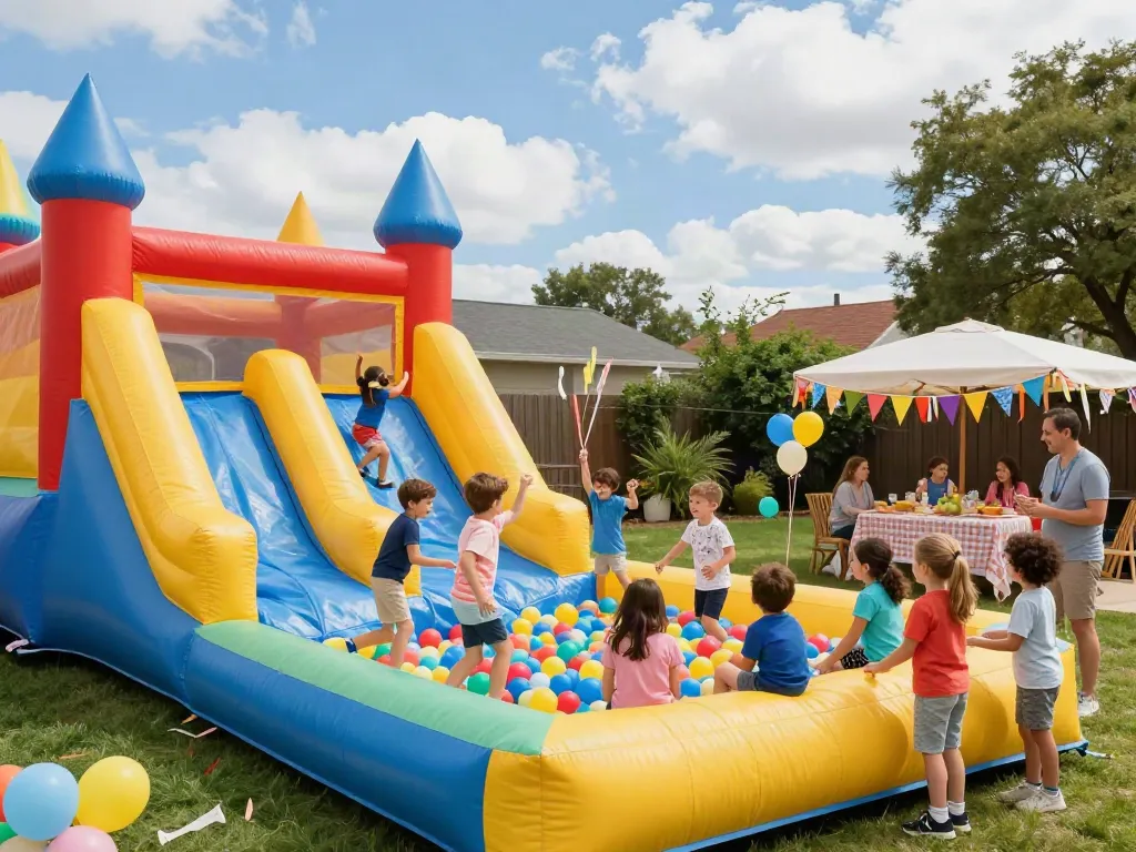 Children playing in an inflatable castle at a vibrant backyard party.