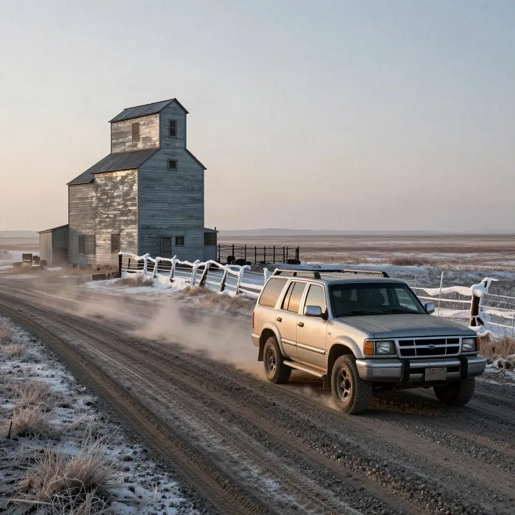 Dust-faded SUV by a grain elevator and snow fence on a frosty prairie at sunrise