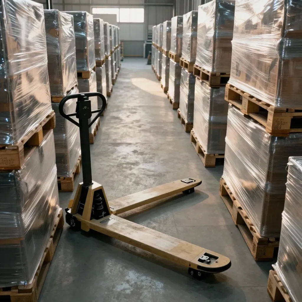 Warehouse aisle with shrink-wrapped pallets, pallet jack, and a secured metal case in soft industrial light.