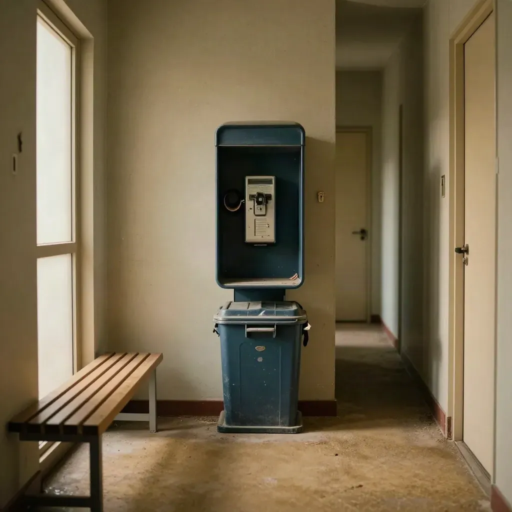 Empty apartment corridor with callbox, stacked moving bins, bench and closed door in cool light.