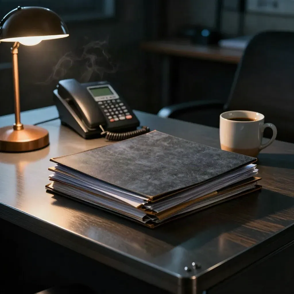 Dark operations desk with files, phone base, mug, lamp glow and hazy late-night office.