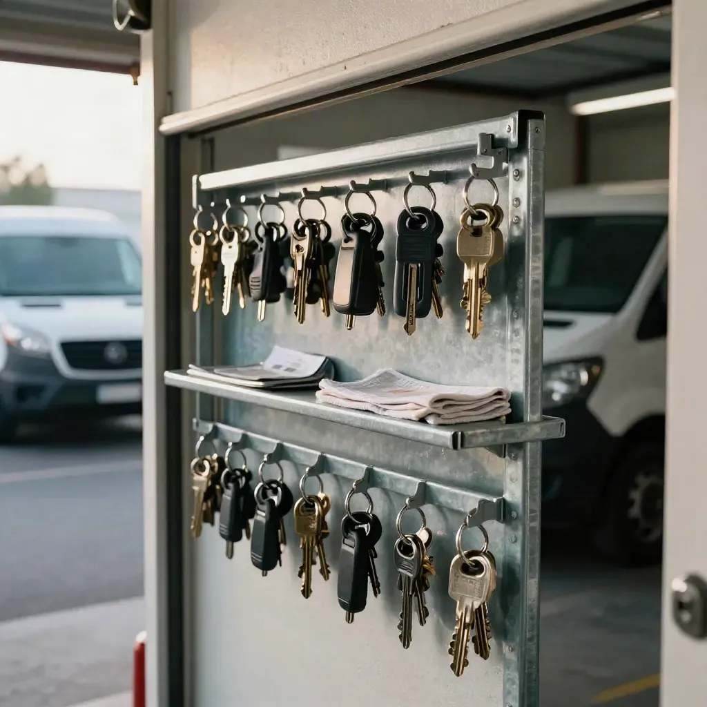 Fleet keys on hooks beside parked vans in a garage bay at shift end