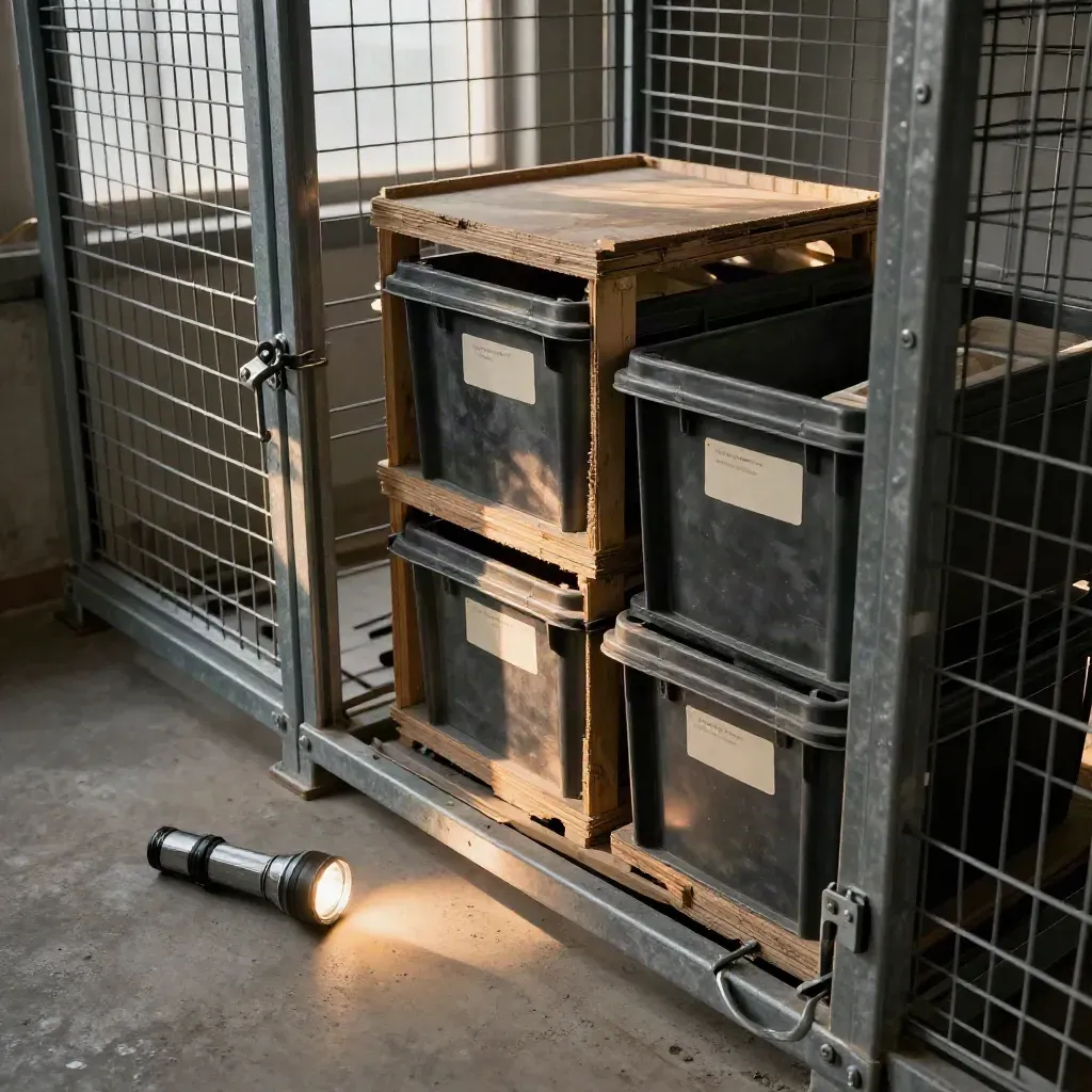 Top-down view into a locked storage cage with tagged crates and an unlit flashlight.