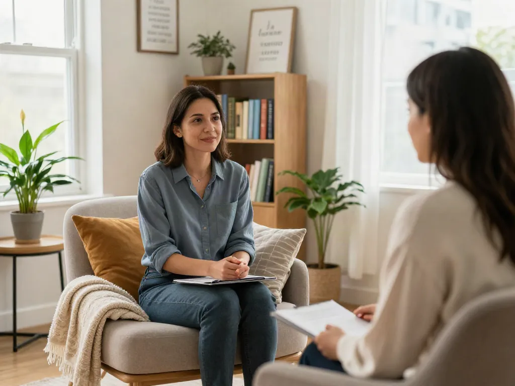 Counselling Norfolk: Inviting therapy session in a calm office with therapist and client engaged in conversation.
